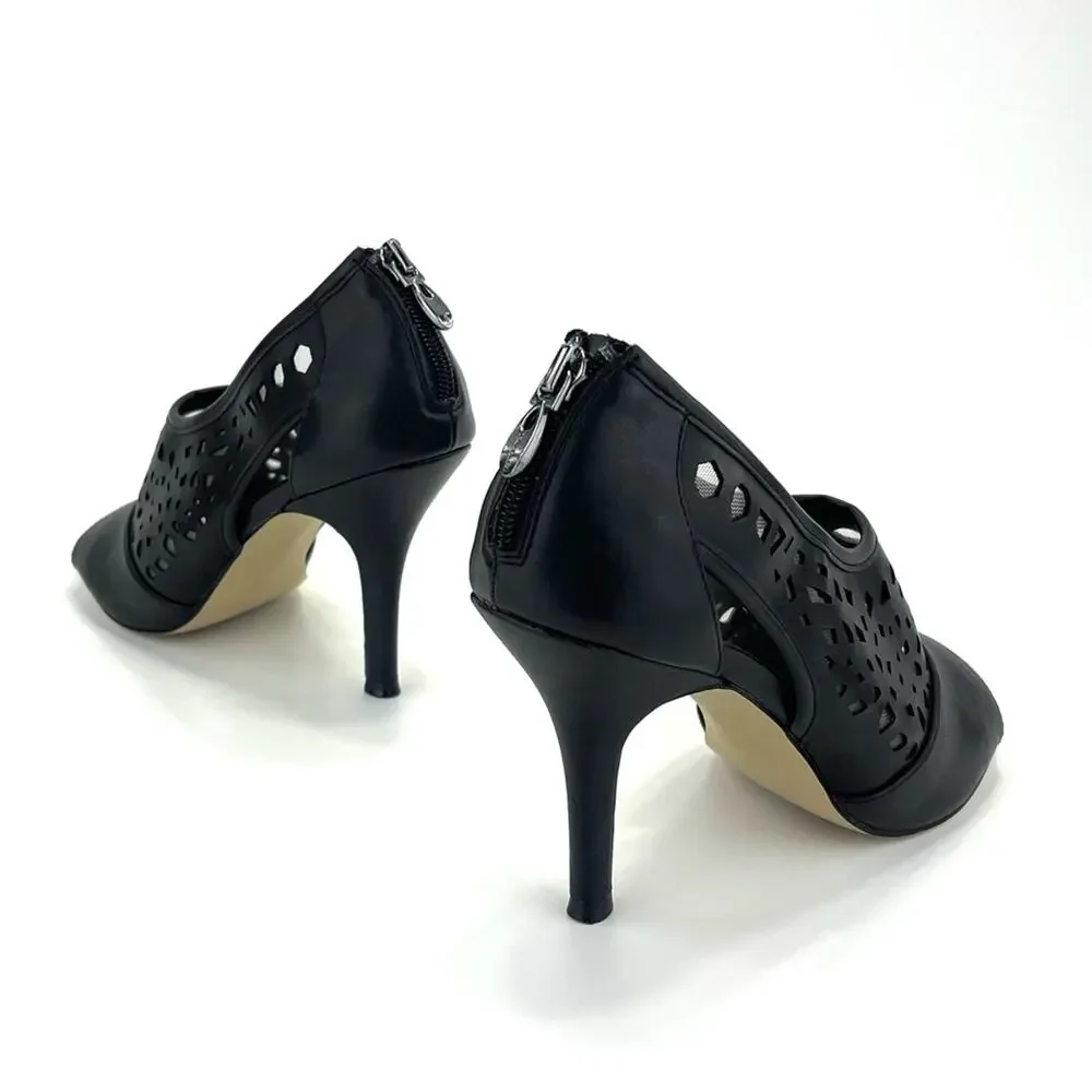 Tahari Lilith Black Stiletto Heels Sz 8.5 Open Toe Leather Laser Cut-Out Accent